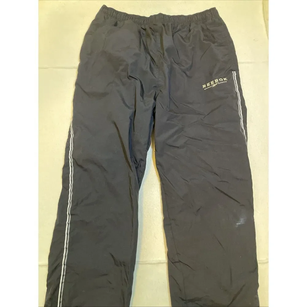 VTG Reebok Track Pants Lined Windbreaker Mens Size XL Black‎ Drawstring Zip Y2K